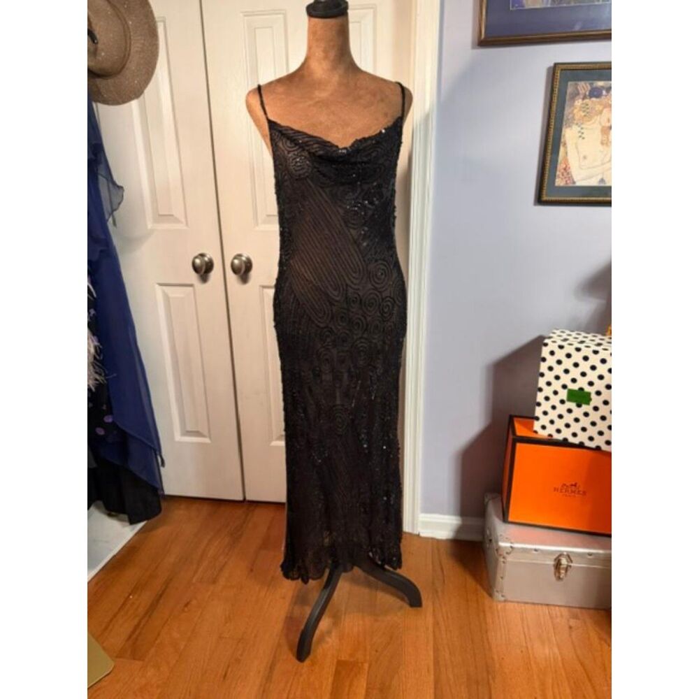Vintage 2002 Monsoon Black Beaded Silk Dress Size 6 NWT Art Deco